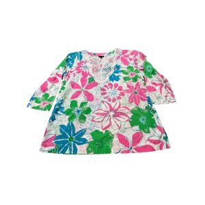 Talbots Womens Large Floral Print Tunic Top Multicolor Cotton 3/4 Sleeve